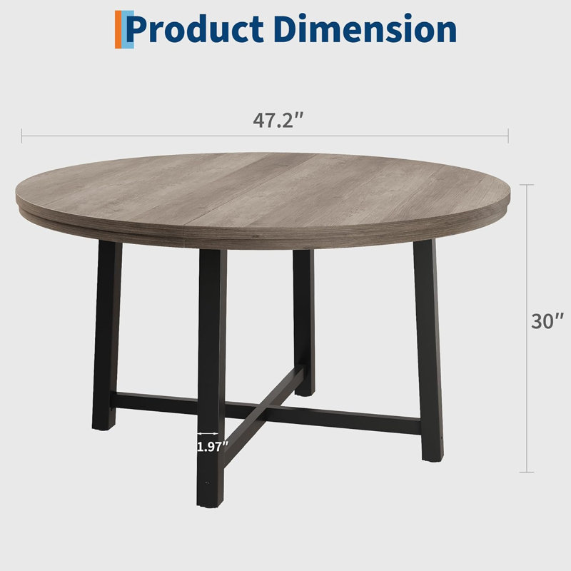 47" Round Dining Table, Industrial Dinner Table for 4 to 6, Wooden Kitchen Table with Sturdy Metal Frame