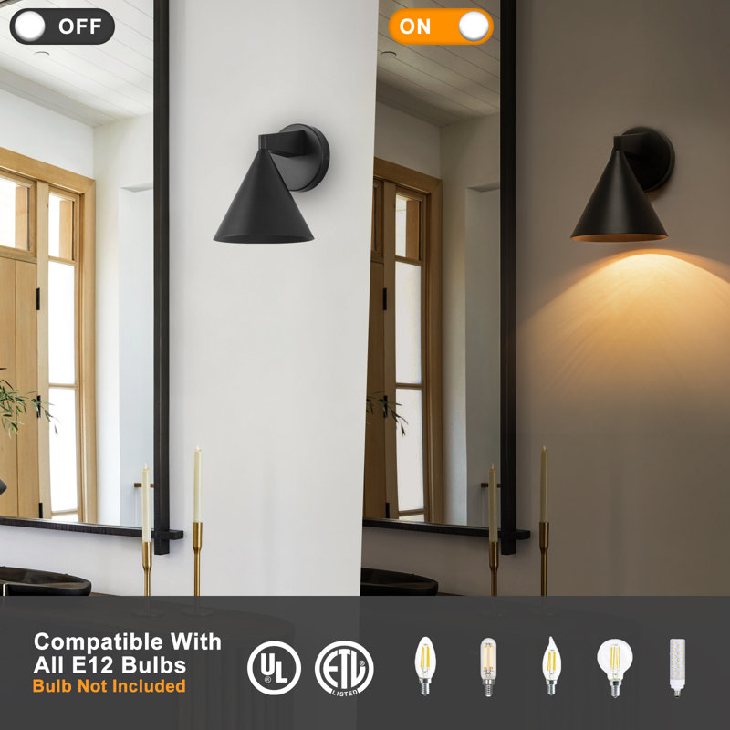 Applique murale noire mate à 1 lumière, lampe de chevet moderne en métal conique avec bras conique et éclairage pour meuble-lavabo.