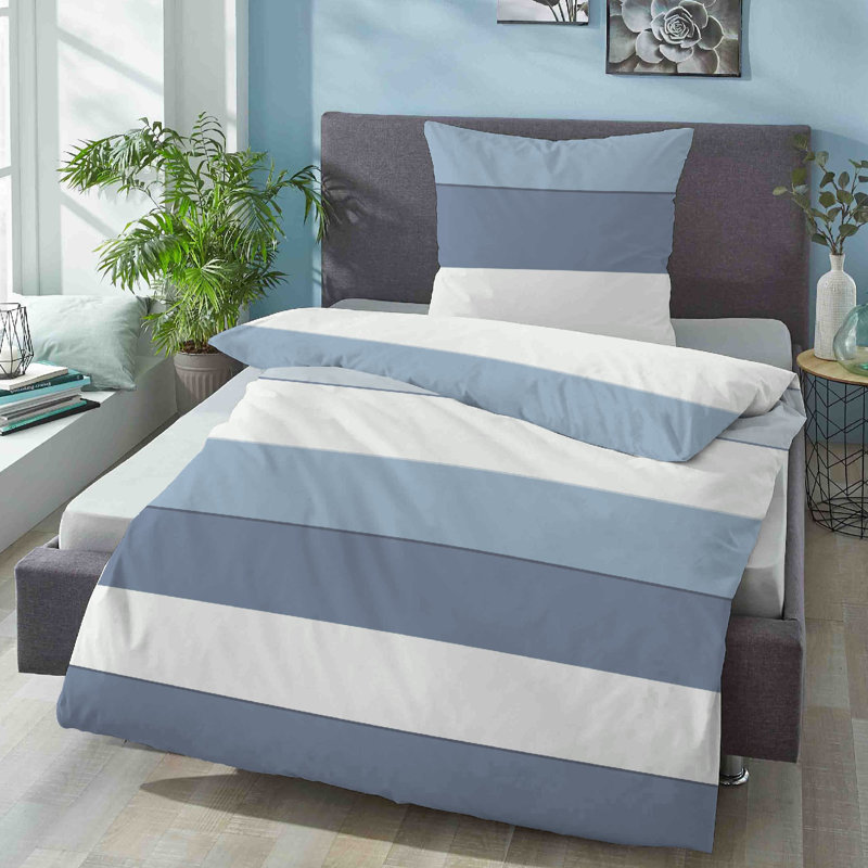 Sateen Striped Duvet Cover Set with Pillow Shams, 135 x 200 cm + 80 x 80 cm, Blue