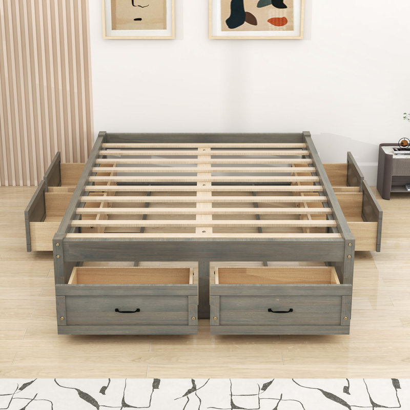 Lit plateforme en bois 6 tiroirs au design épuré, Gris antique, Double