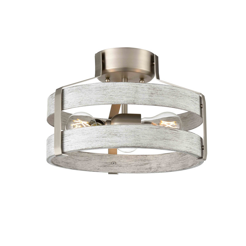 Plafonnier semi-encastré tambour 3 lumières 12,5 po Antonito, Nickel poli / bois de bouleau