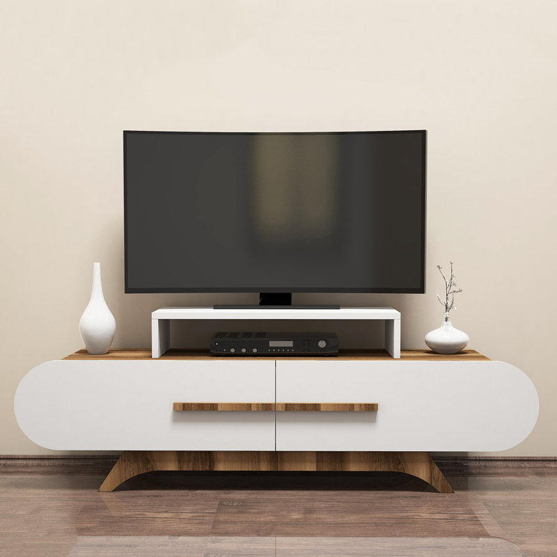 Modern TV Stand with Wall-Mount Option, Walnut & White, 57.1 x 19.6 x 14.5 inches | 100% Melamine Coated Particle Board, Thick: 0.7 inches | Multiple Shelves for Storage & Display, Stylish & Functional Design