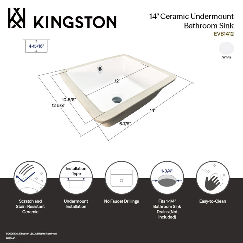 Kingston Brass Linna 14-Inch Ceramic Square Undermount Bathroom Sink