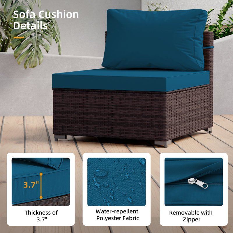 8-Piece Rattan Patio Conversation Set with Cushions and 56-Inch Outdoor Fire Pit Table, Lake Blue