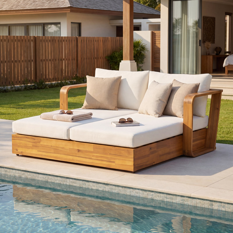 Canapé-lit de jardin inclinable avec coussins et oreillers de dossier couleur crème, capacité de 363 kg, en teck et crème