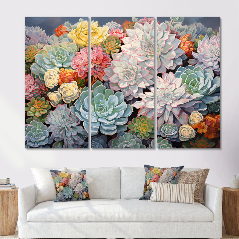 Blue Succulent Dessert Charm - Ensemble de décorations murales succulentes, Toile tendue, H 40 po x l 60 po x P 1 po