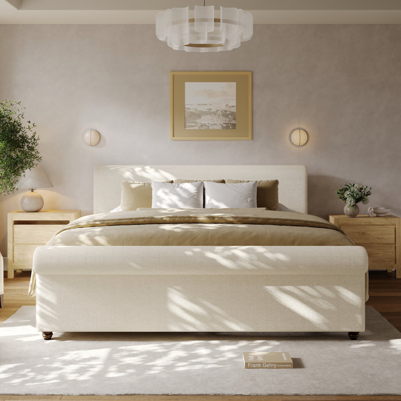 Lit plateforme tapissier avec tête de lit épaisse et pieds en bois massif Guinel, Beige, Très grand lit