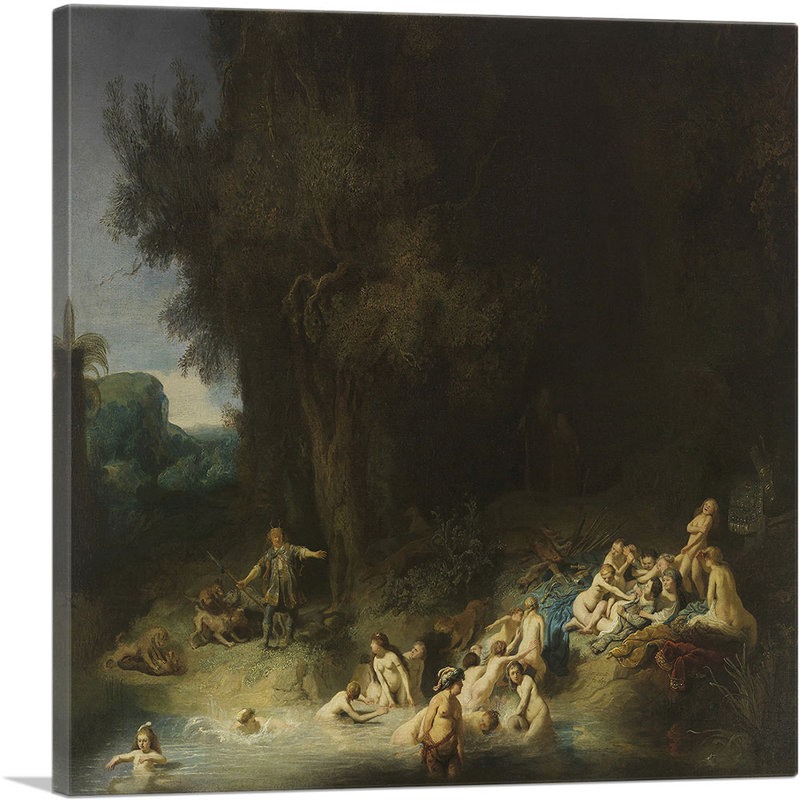 Diana se baignant avec ses nymphes avec Actéon et Callisto 1634 par Rembrandt van Rijn - reproduction d'art sur toile tendue