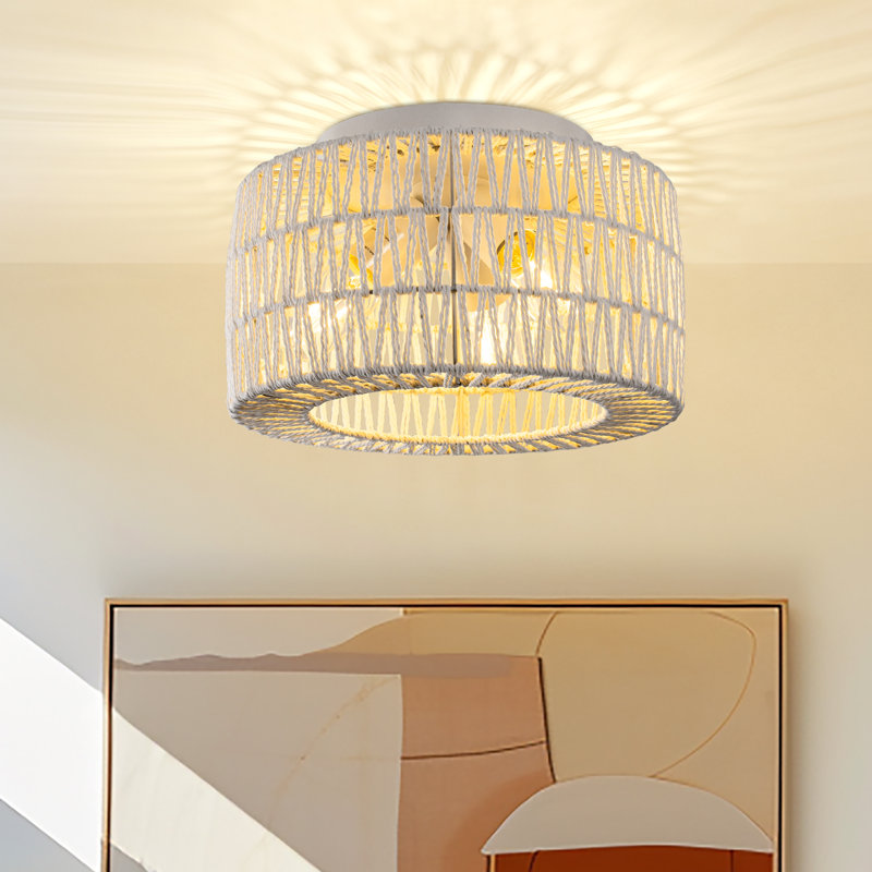 12 po Plafonnier encastré 3 lumières en rotin blanc pour couloir, chambre à coucher ou salon
