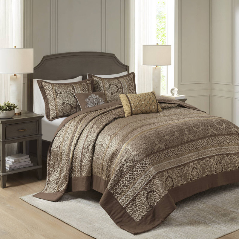  Brown/Gold Microfiber Traditional 5 Piece Coverlet / Bedspread Set, Queen Coverlet + 4 Additional Pieces, Brown