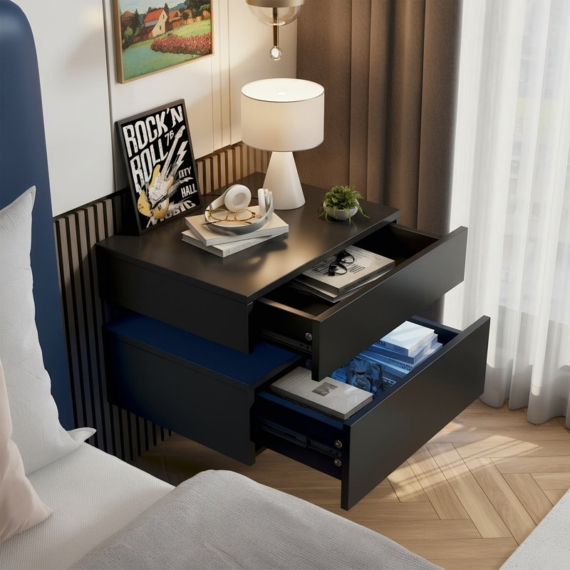 Floating Wood Wall Mounted Nightstand with 2 Storage Drawers and LED (Set of 2), Black