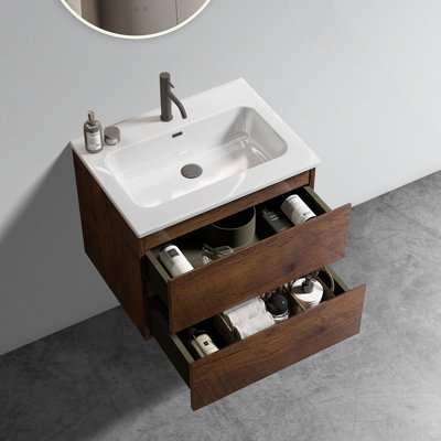 Meuble-lavabo mural en noyer de 24 po avec lavabo en céramique avec un trou de robinet, grand meuble-lavabo flottant de rangement pour salle de bain moderne, lavabo une pièce sans drain et robinet, pré-assemblé