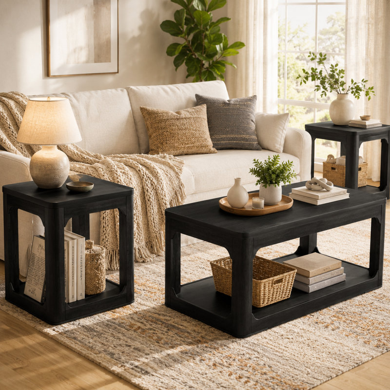 Ensemble de tables basses et de tables de bout noires 3 pièces avec tablette de rangement ouverte à double couche, panneau de particules et panneau de fibres à densité moyenne avec finition noire matte, conception à bords arrondis, ensemble de mobilier de salon moderne avec 1 table basse et 2 tables d'appoint