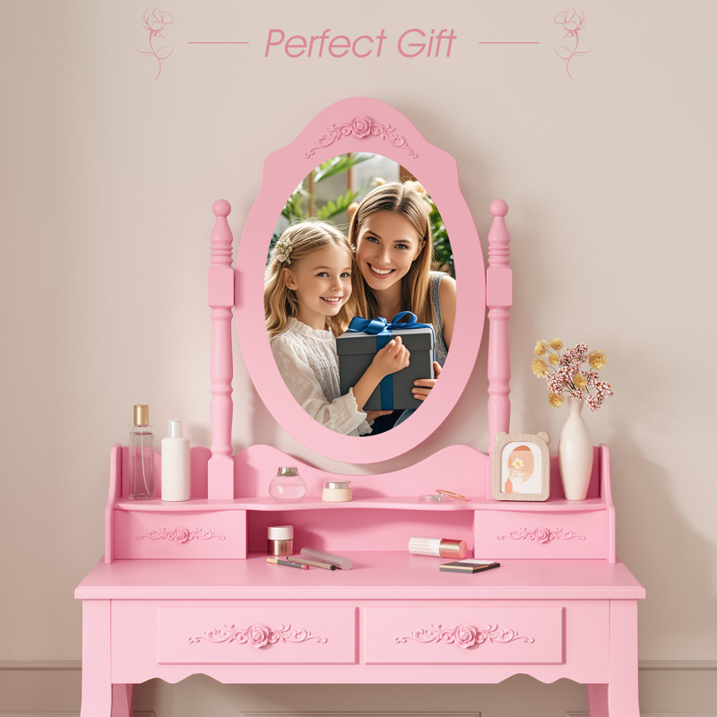 Luxurious Vanity Desk Set with Mirror and Cushioned Stool, Pink