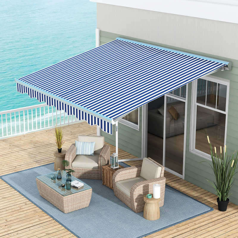 Auvent de terrasse électrique avec lumières DEL, 13 pi x 10 pi, Uv40 + soleil pour terrasse, balcon, cour, bleu, protection de cour rétractable à DEL, Uv40 +, patio, bleu