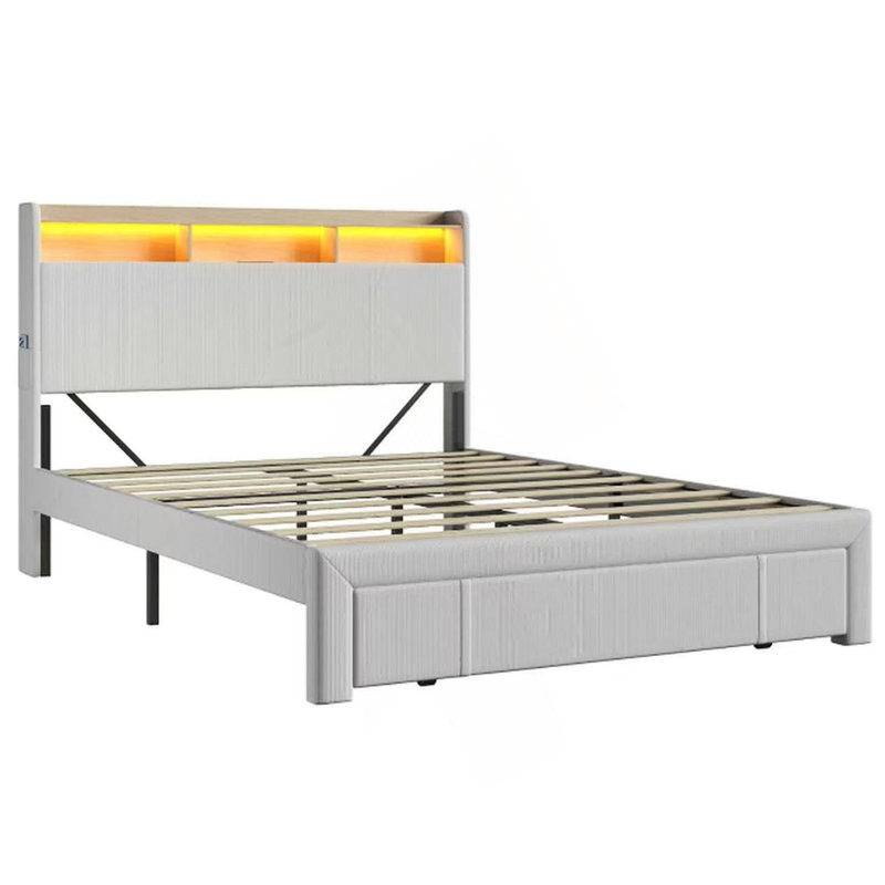 Upholstered Bed Frame with Storage Headboard and LED Ambient Lighting