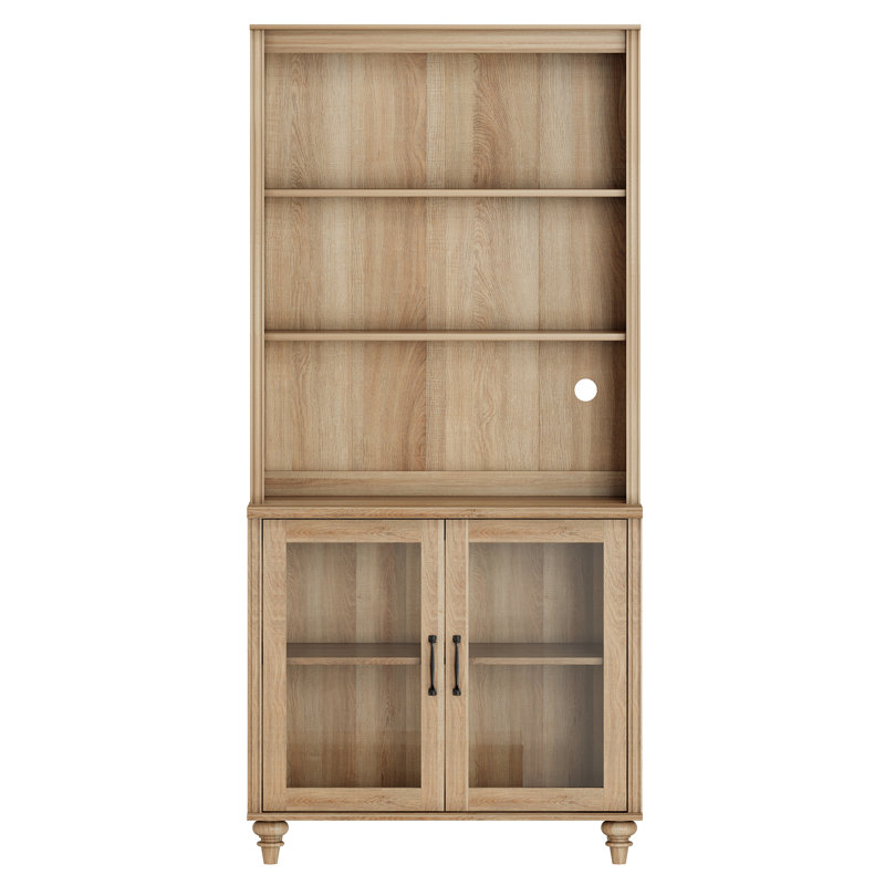 Scarlett Bookcase With Doors, Tiered Bookshelf, Tall Book Case Shelf With Glass Paneled Doors, Oak
