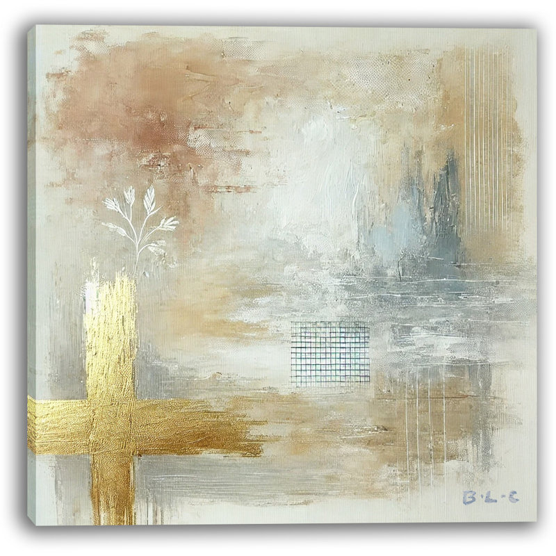 Art mural abstrait sur toile doré avec couches neutres, H 30 po x l 30 po x P 1,5 po