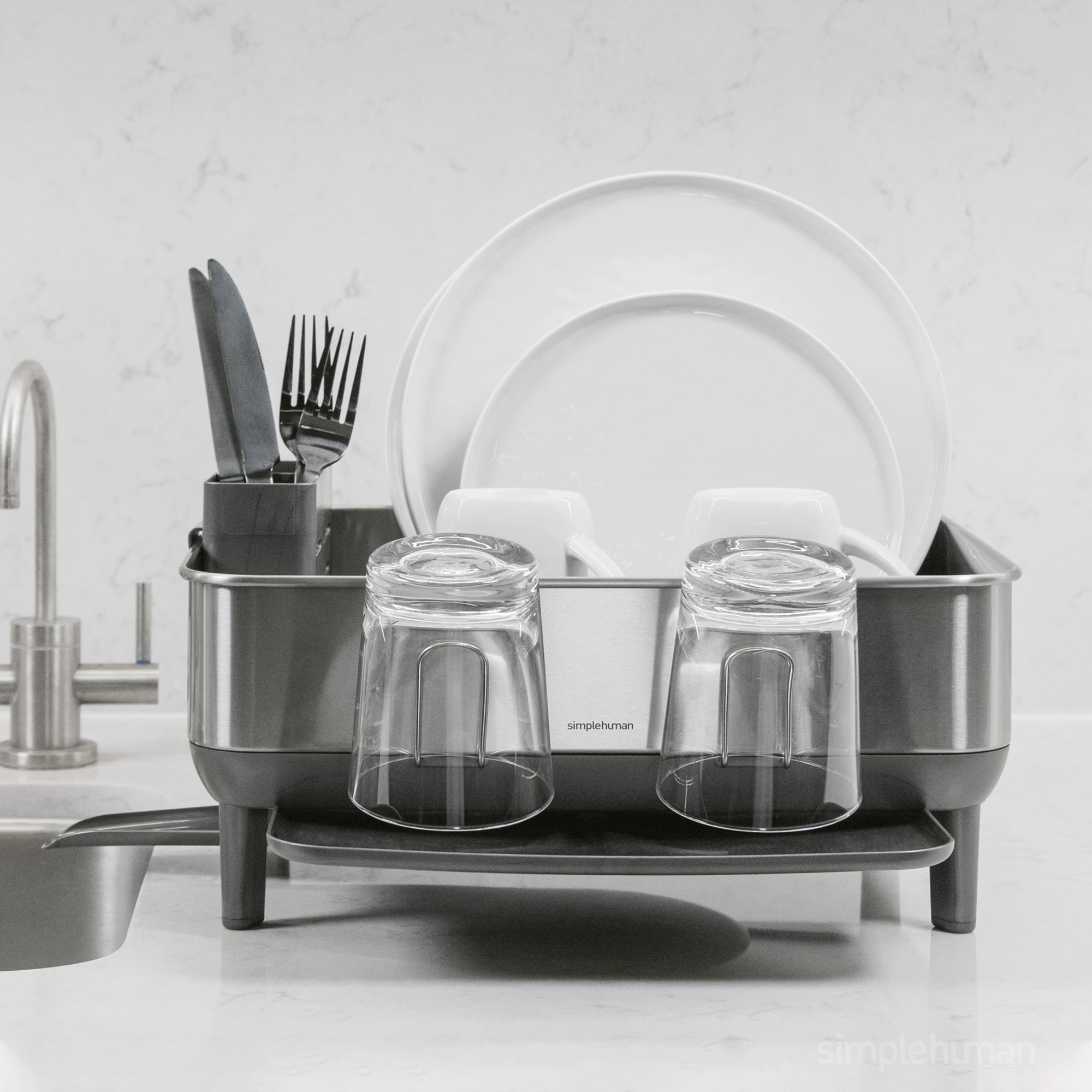 simplehuman Compact Kitchen Dish Drying Rack with Swivel Spout, Fingerprint-Proof Stainless Steel Frame, Brushed Steel/Gray