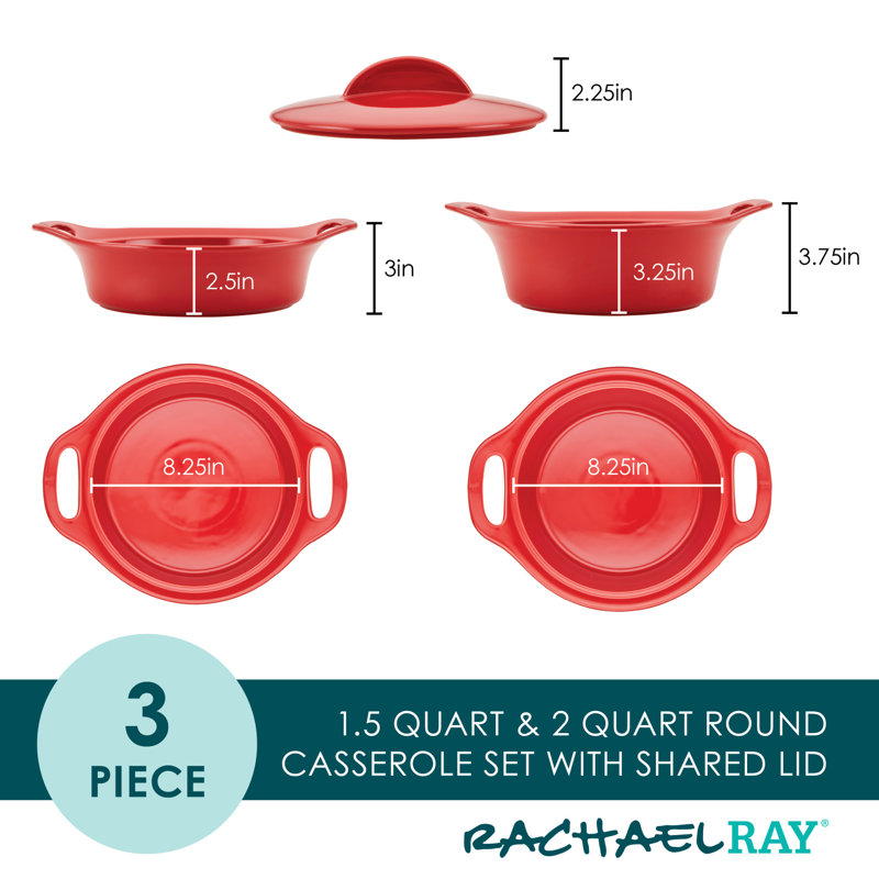 Rachael Ray Ceramic Casserole Bakers Set, Includes 1.5-Quart And 2-Quart Round Casserole, With Shared Lid, 3 Piece, Red, Red