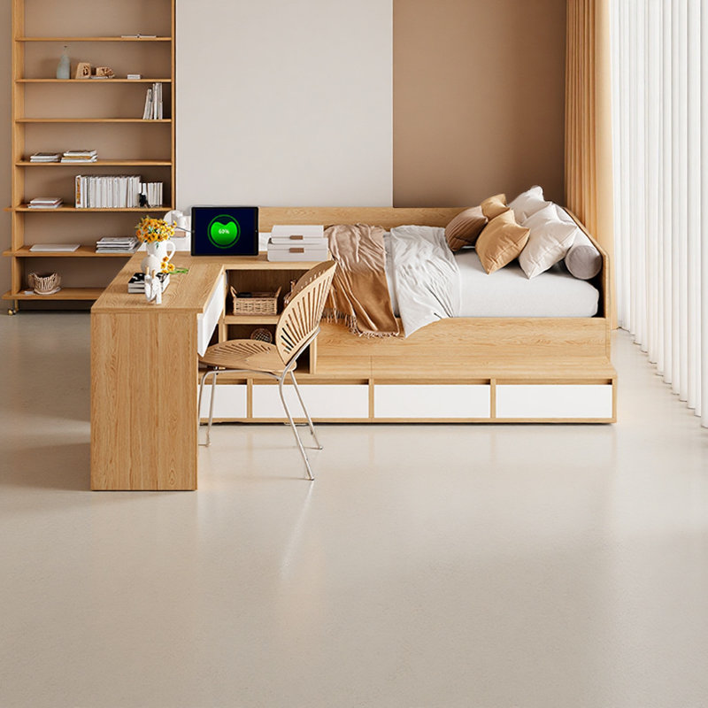 Lit plateforme double en bois avec 6 tiroirs, tablettes et coiffeuse, Naturel