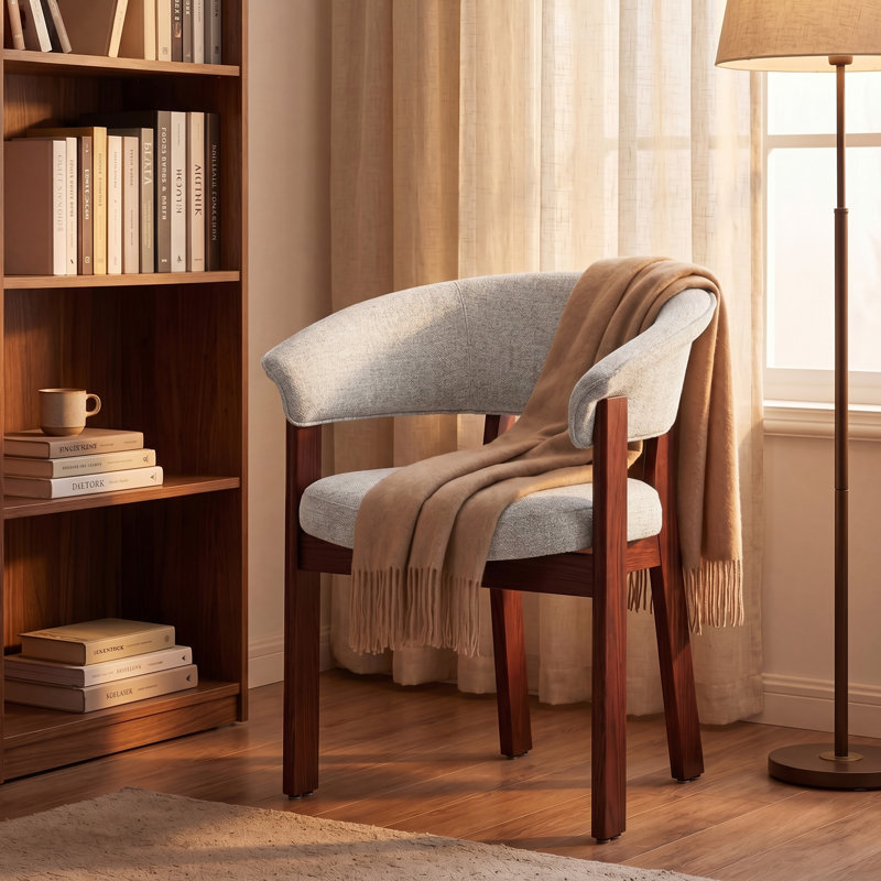 Chaise de salle à manger rembourrée avec accoudoirs tonneau, Dark Brown Wood, Beige