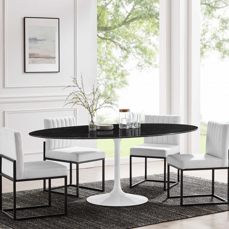  Table de salle à manger en marbre artificiel Lippa, Blanc, Noir, H 29,5 po x L 78 po x l 47 po