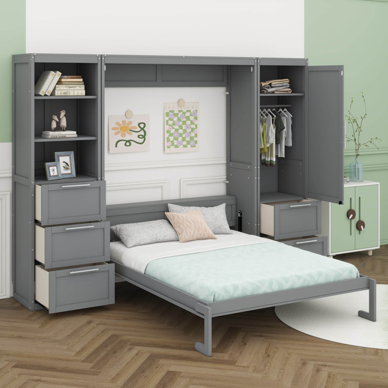 Grand lit escamotable mural avec garde-robe supplémentaire, Gris