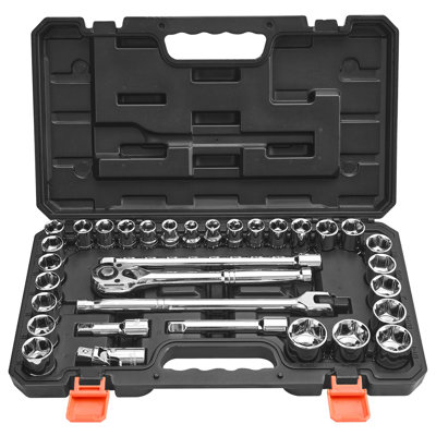 33 Pieces 1/2 Inch Drive Socket And Ratchet Metric Mechanic Tool Kit Wrench Extension Bar Storage Case Alloy Steel Custom Slots With High Torque 6 Configuration