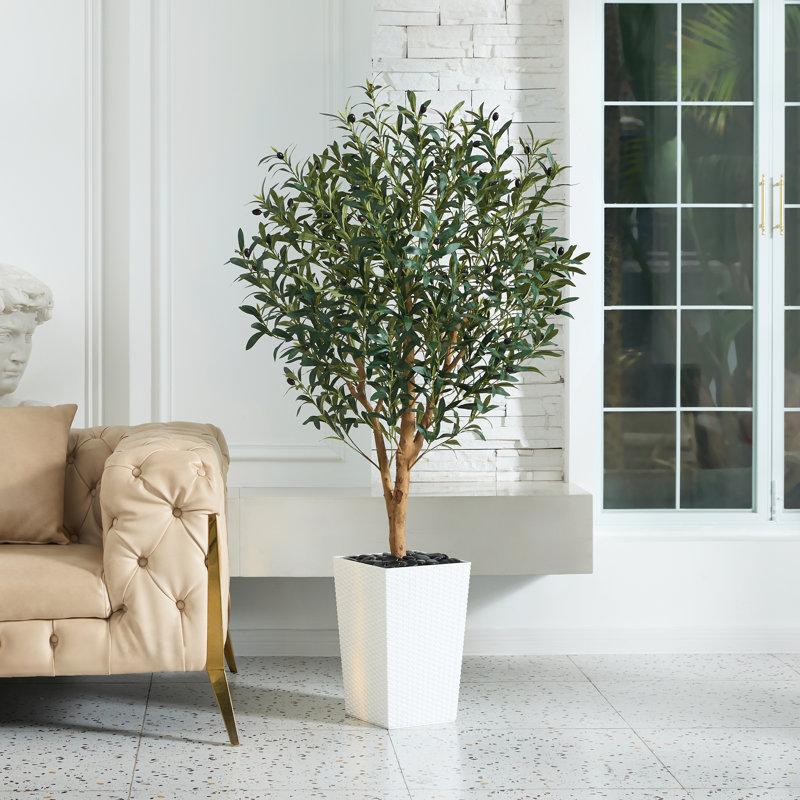 Adcock Artificial Olive Tree with Decorative Pot, UV Resistant Faux Olive Tree with Natural Trunk, White