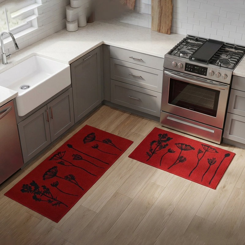 Wildflowers Non Skid Kitchen Mats Runner & Comfort Mat (2 Pieces), Red/Black