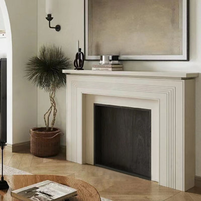 Beige Solid Wood Electric Fireplace