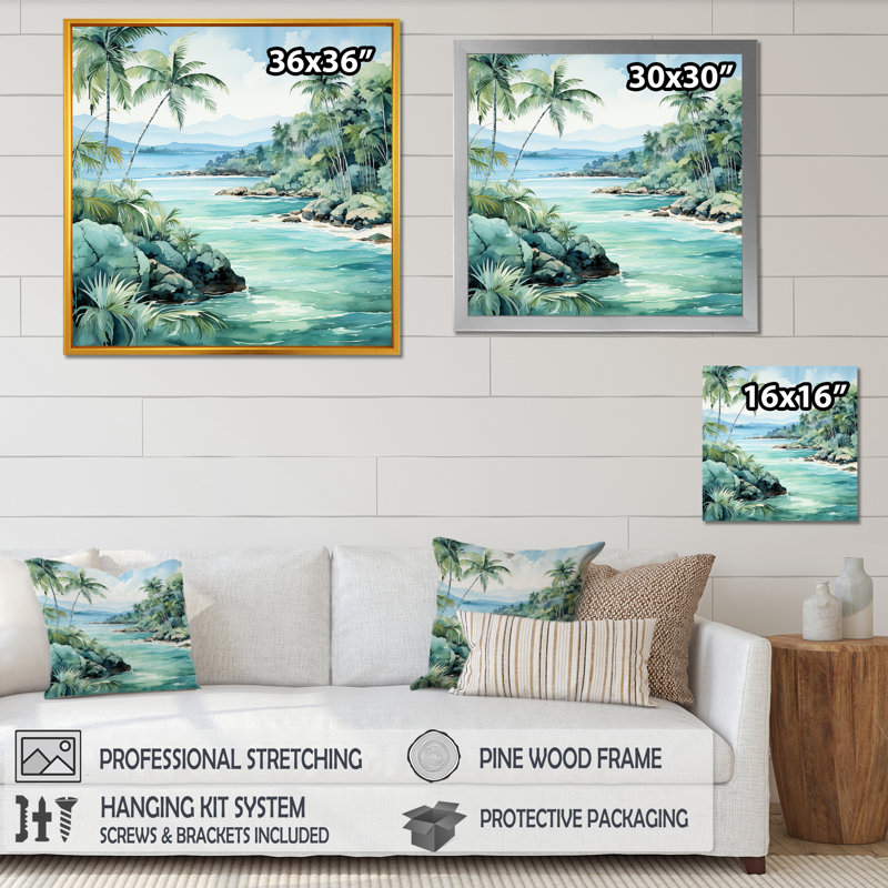Tropical Beach Escape 1 - Art mural côtier tropical, Cadre flottant noir, 36" H x 36" W