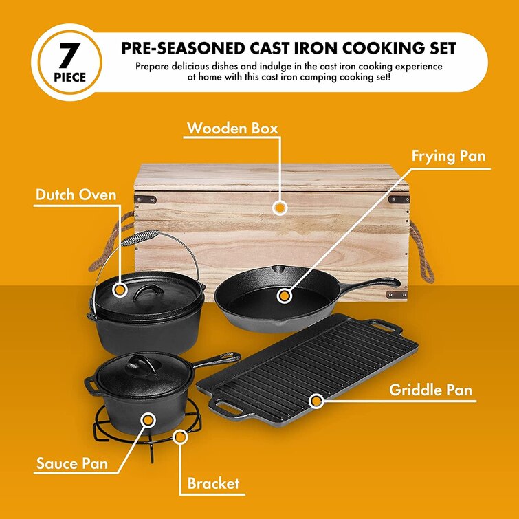 8 Piece Pre-Seasoned Dutch Oven Cooking Set Cast Iron Camping Kitchen  Cookware Bakeware Skillets & Square Grill Pan w/Vintage Carrying Wood Box  for