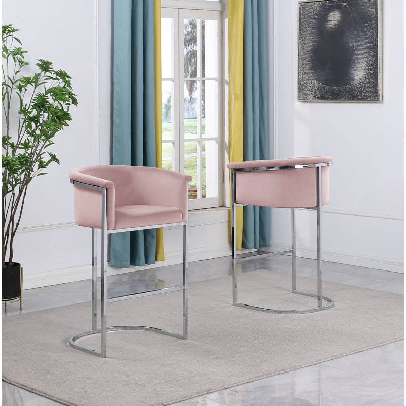 Maheer 24" Counter Stool in Velvet Upholstery and Chrome Base (Single Chair), Pink, Chrome