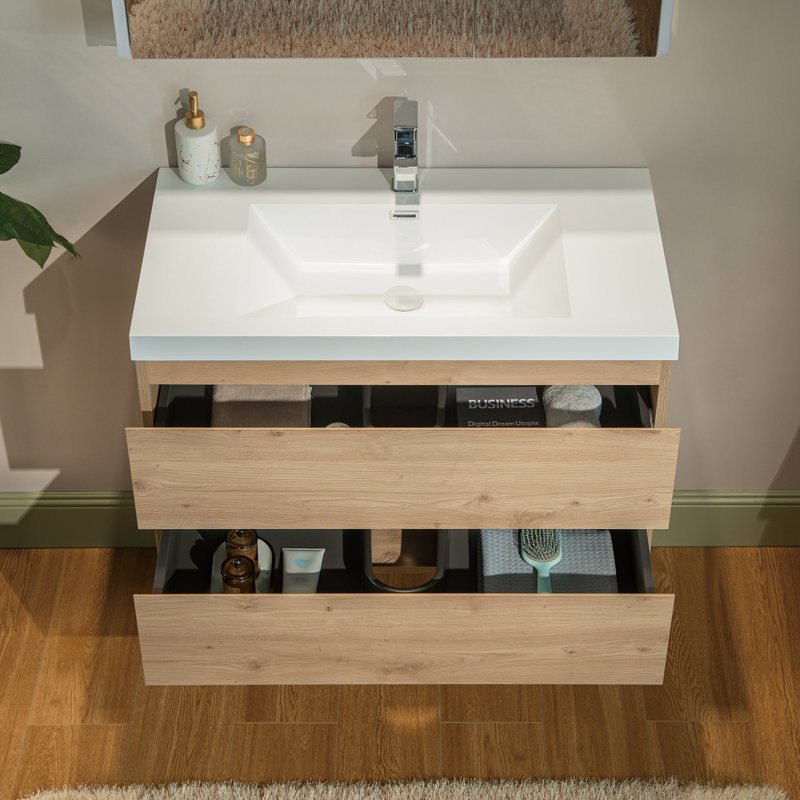 36" Wall Mounted Floating Vanity with Resin Composite Vanity Top, 36", White, Nature Oak