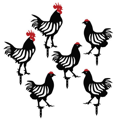 Decorative Garden Metal Accessory Set (6 Pieces), Black, Chicken Designs | 100% Metal, Thickness: 0.05 inches | Includes 4 Chickens (9.1 x 10.6 inches) & 2 Chickens (9.4 x 13.0 inches) | Perfect for Outdoor Decor & Garden Enhancements