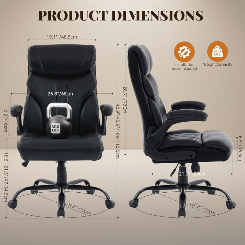 Chaise de bureau ergonomique pour grands et grands utilisateurs avec repose-pieds, siège large d'une capacité de poids de 500 lb, hauteur réglable et dossier inclinable, noir