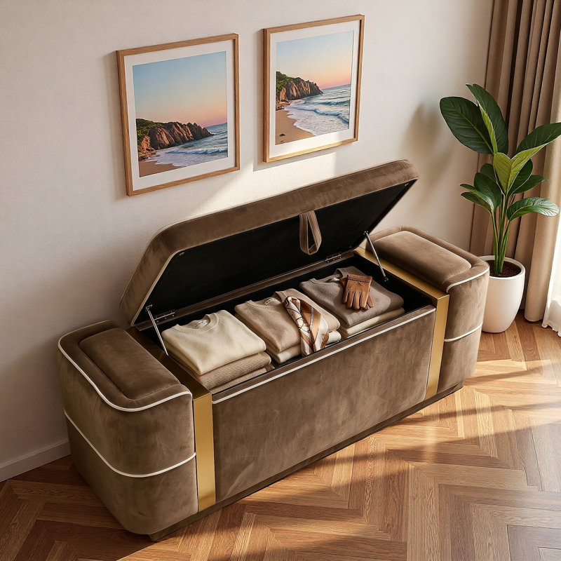 Banc ottoman moderne rembourré avec compartiment de rangement dissimulé, couvercle rabattable et bandes décoratives en métal doré