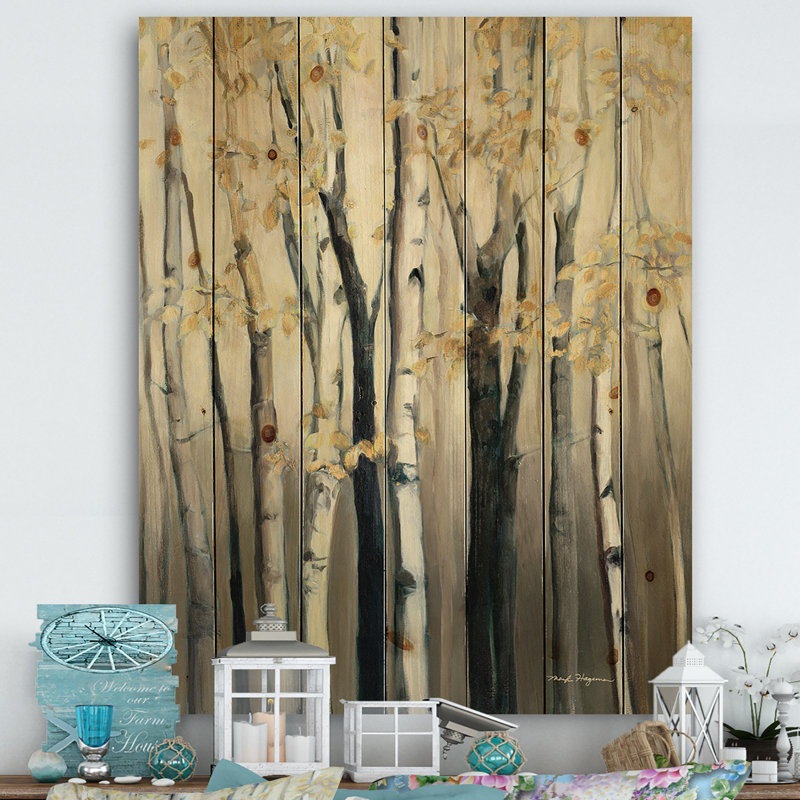 Golden Birch Forest III - impression de campagne sur bois de pin naturel, H 20 po x l 12 po x P 1po