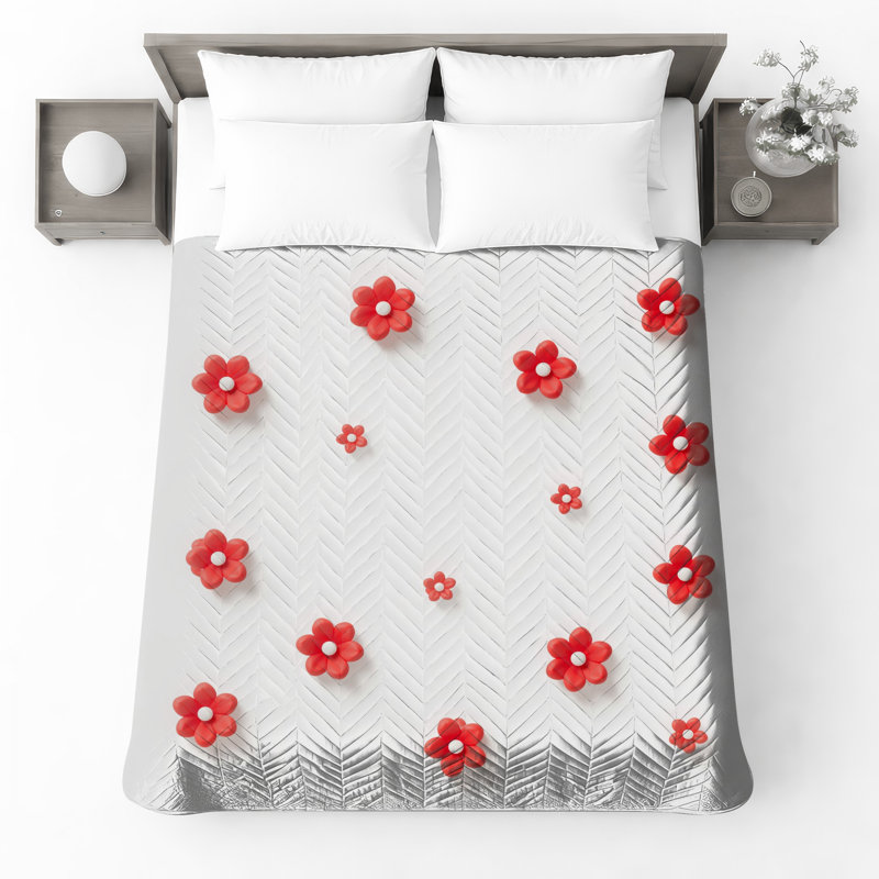 Couvre-lit matelassé à motif de fleurs rouges toutes tailles, Très grand lit