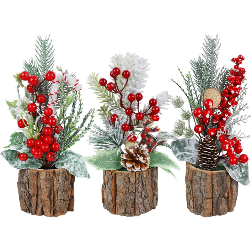 Ensemble de 3 mini-décorations de table, arbres de Noël artificiels avec baies et pommes de pin pour la maison, le bureau, le dessus de table