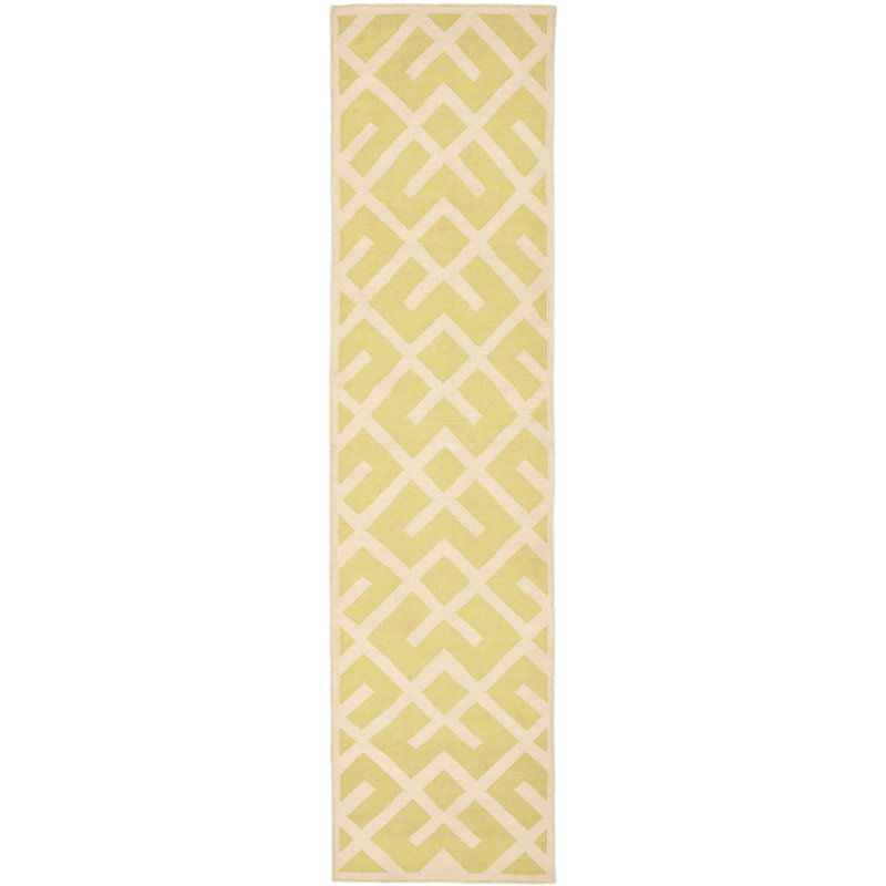 Crawford Hand Woven Flat Weave Wool/Cotton Geometric Rug in Ivory/Light green, Runner 2'6" x 10'
