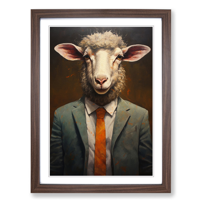 Sheep In A Suit Painting No.2 - Single Picture Frame Print on Wood, Walnut Framed, 46cm H x 34cm W