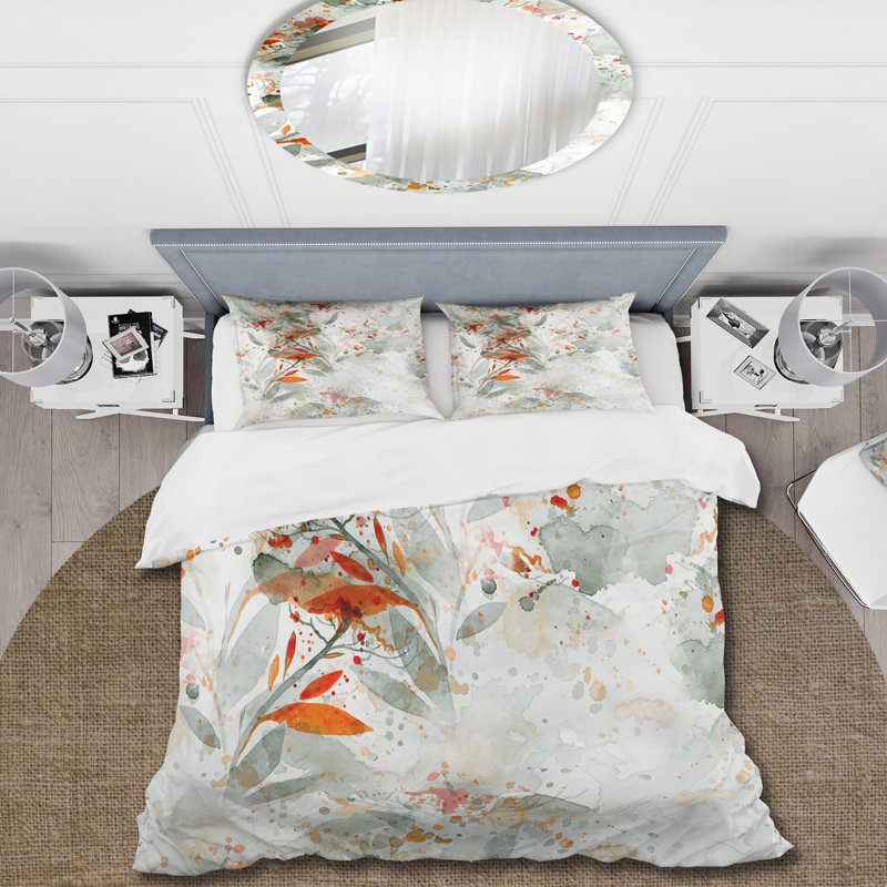 Green and Orange Wildflowers II - Ensemble de housse de couette moderne - Polyester en microfibre