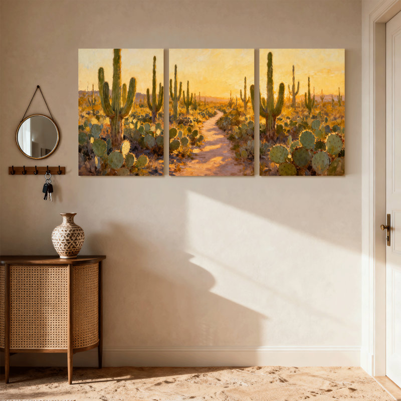 Cactus désert cactus paysage coucher de soleil chemin, ensemble de 3 reproductions d'art sur toile, H 30 po x l 60 po