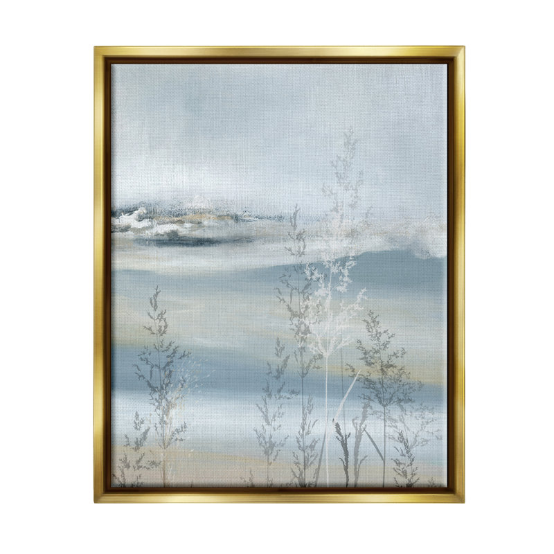 Paysage abstrait bleu, impression sur bois, Cadre flottant métallique doré, H 31 po x l 25 po x P 1,7 po