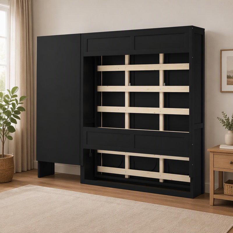 Lit escamotable Queen Size avec armoire de rangement latérale, éclairage DEL, bureau intégré, tiroirs et portes d'armoire cintrées