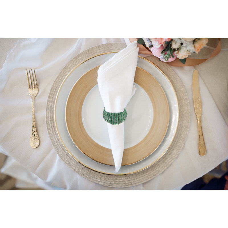 Green and Silver Beaded Glass Napkin Rings Set of 4