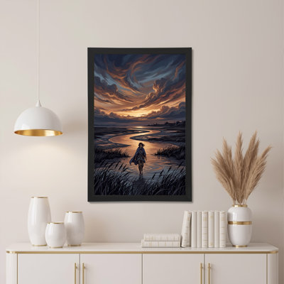 " Blue Cloaked Figure Walking Through Winding River Sunset " Painting